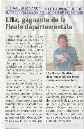 Article de journal Dauphiné Libéré - Samedi 30 mars 2019 - Lila, gagnante de la finale départementale. 