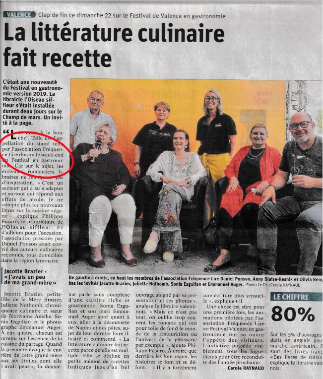 Article du Dauphiné Libéré du 22 septembre 2020 : la littérature culinaire fait recette. 